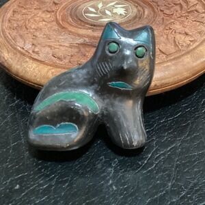 Mini Stone Cat Figurine Green Turquoise Inlay Gato Redondo
 KCP-67